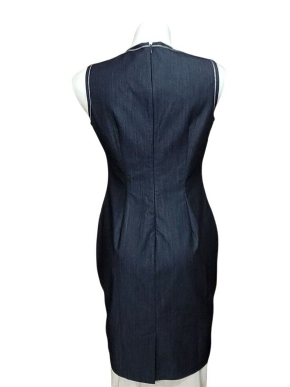 Sleeveless Navy Blue Denim Sheath Dress With White Floral Embroidery Back Zip Cl - Picture 5 of 8